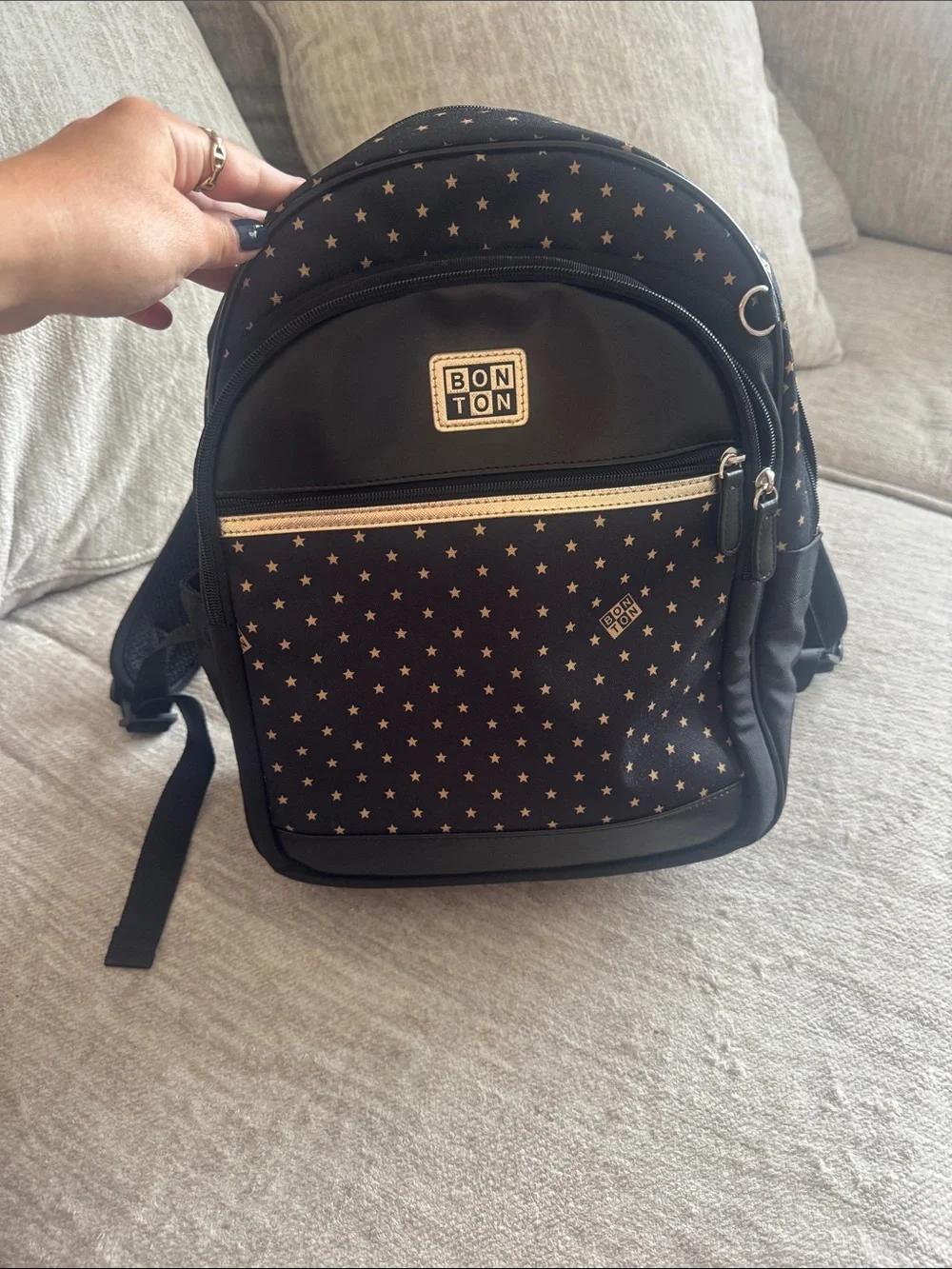 Bonton Black Backpack with Gold Star Print and Gold Trim